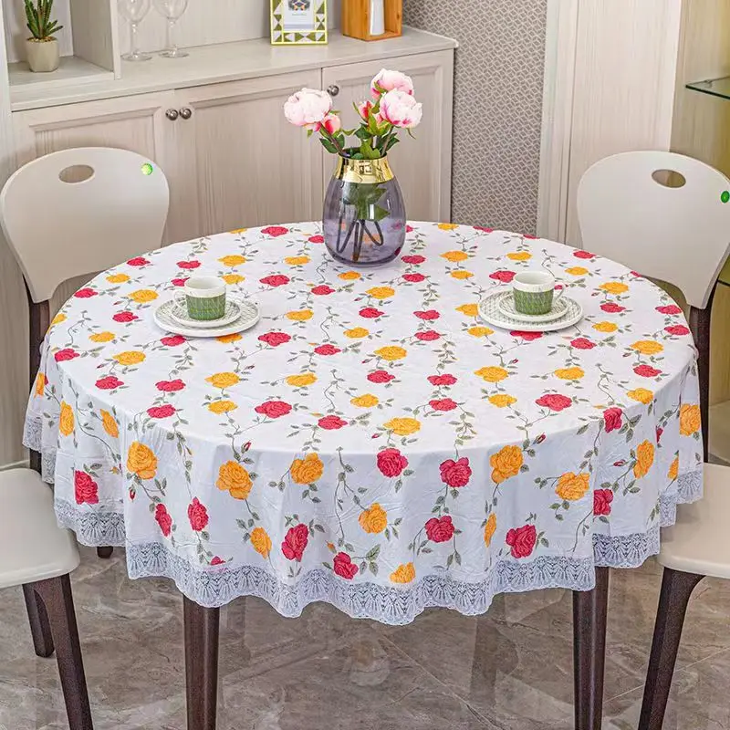 

High-end checkered round waterproof and stain-proof floral disposable tablecloth