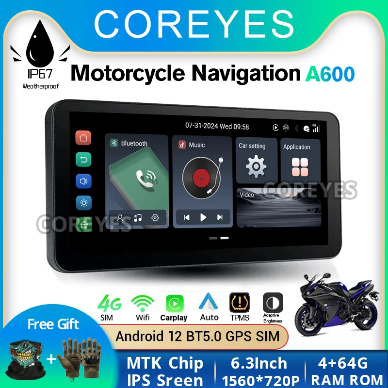 COREYES A600 6.3 inch Portable Motorcycle LCD Display Xadv GPS Dustproof IPX7 Waterproof For Wireless CarPlay Android Auto