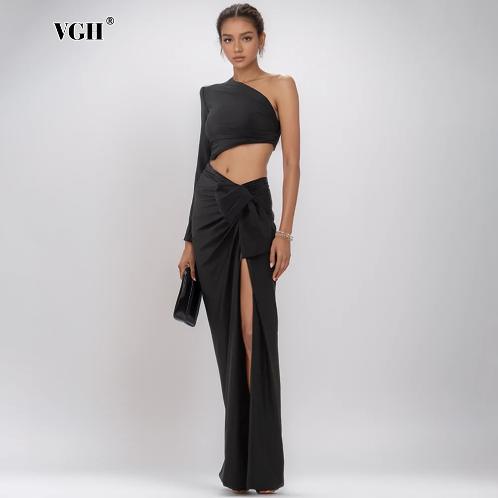 

VGH Elegant Hollow Out Sexy Chic Dress For Women Diagonal Collar One Shoulder Sleeve High Waist Solid Slimming Dresses Female