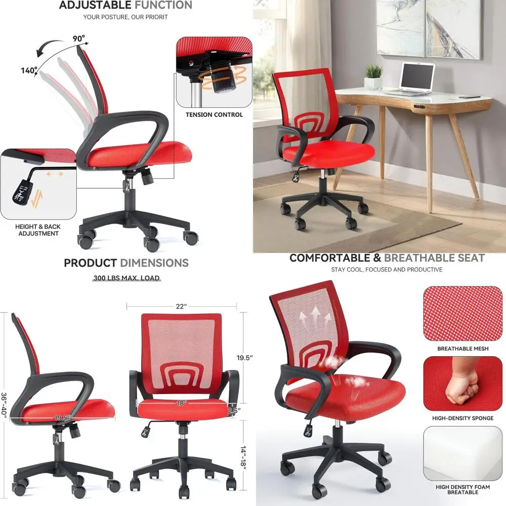 

Pair of Ergonomic Mesh Office Chairs with Lumbar Support, Adjustable Height and Swivel Wheels, Red