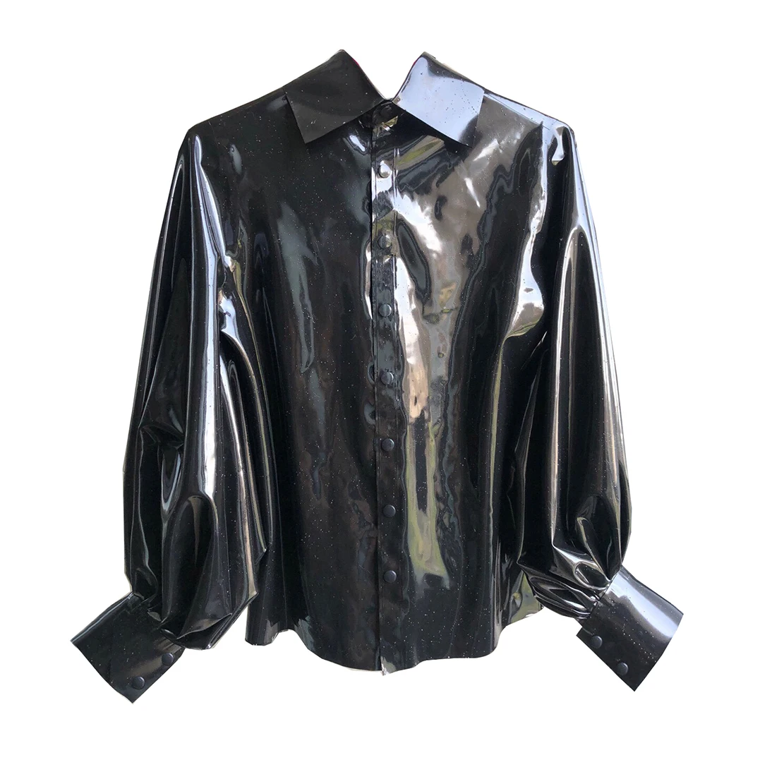 0.6mm Sexy Latex Woman Men with Big Loose Lantern Sleeves Shirt Rubber Plus Size Custom Made Dressing   S-LSW039