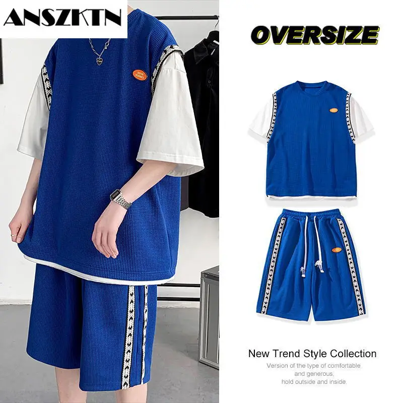 ANSZKTN Teen Sports Suit Men 2022 Summer Loose Casual Basketball Fitness T-Shirt Men Fashion Shorts Two-Piece Set Tide