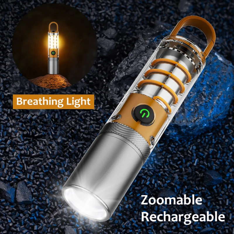 

High Power Rechargeable LED Flashlights Zoomable Torch with Breathing Atmosphere Light Portable Work Lamp for Camping Waterproof