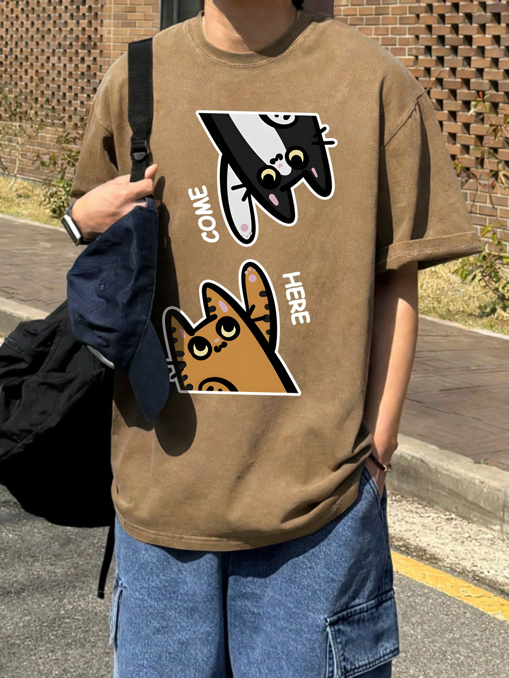 Come Here Happy Cats Design Men T-Shirts Fashion Short Sleeve All-Match Cotton Soft T Shirt Summer Unisex Loose Clothing