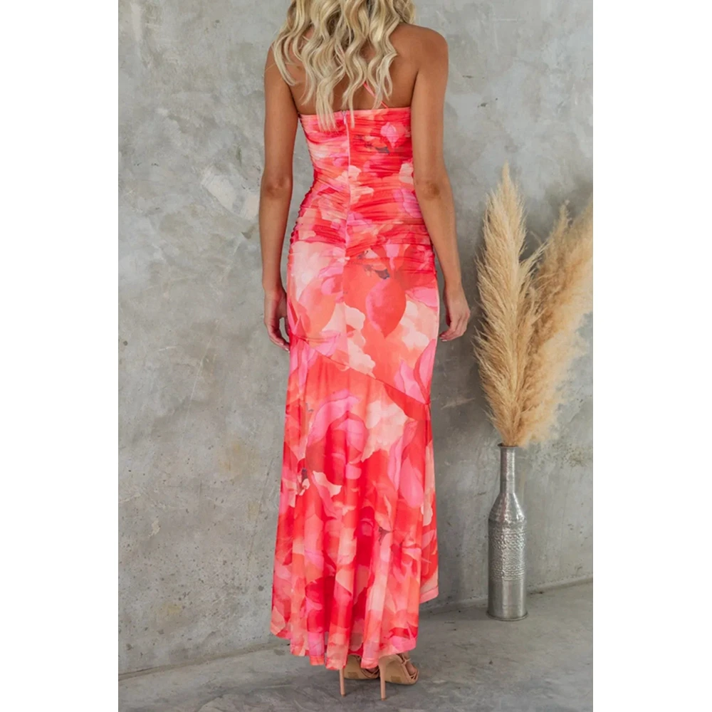 Women's Fashion Flower Print Skew Collar Sleeveless Maxi Dress Casual Boho Style Dresses Irregular Hem Elegant Dress Beach Dress