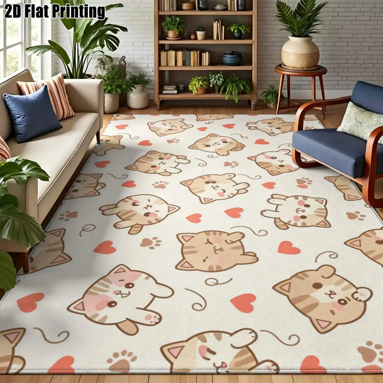 1Pc 2D Printed Beige Cat Heart Pattern Nordic Carpet, Instagram-Inspired Modern Minimalist Floor Mat, Machine-Washable, Multi-Size, Ideal for Entrance, Dining Room, Foyer, Bedroom & Living Room Home Decor