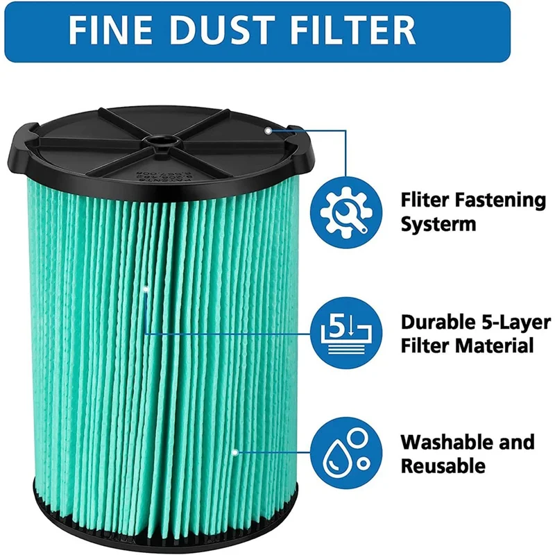 EQAZ-VF6000 5-lagiger plissierter Ersatz-Staubsaugerfilter, kompatibel mit Ridgid Shop Vac 5–20 Gallonen Nass-/Trockensauger (2 Packungen)