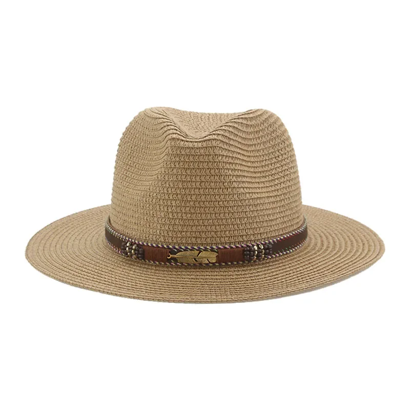 

Sun Hats Wide Brim Band Panama Jazz Caps Women Hats Straw Western Cowboy Outdoor Beach Travel Sun Protective Khaki Straw Hats