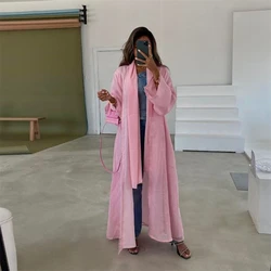 Eid Kimono Abaya for Women Dubai Plain Causal Cotton Linen Open Abayas Turkey Muslim Modest Long Dress Kaftan Islamic Outfit