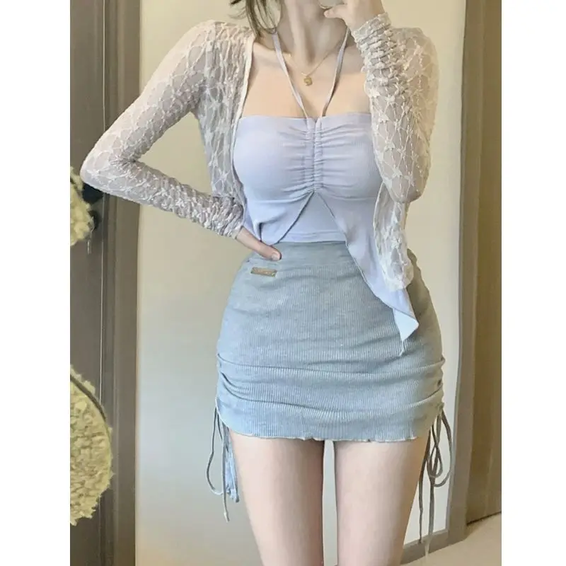 2024 Summer Korean Fashion 3 Piece Set Woman Solid Lace Cardigan + Sexy Vest + Slim Y2k Mini Skirt Woman Outwear Casual Suit