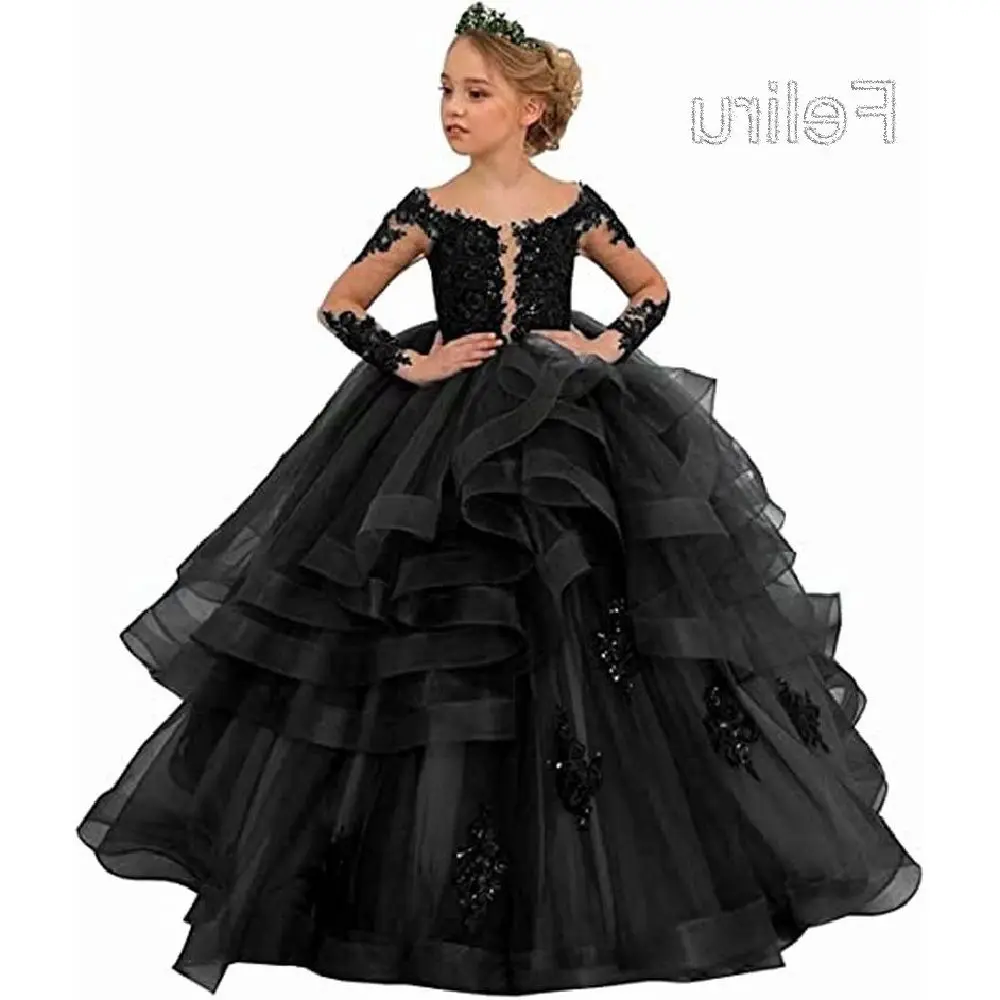 

Sheer Long Sleeve Scoop Tiered Kids Black Flower Girl Dress For Wedding Sequin Lace First Communion Ruffle Tulle Princess Gown