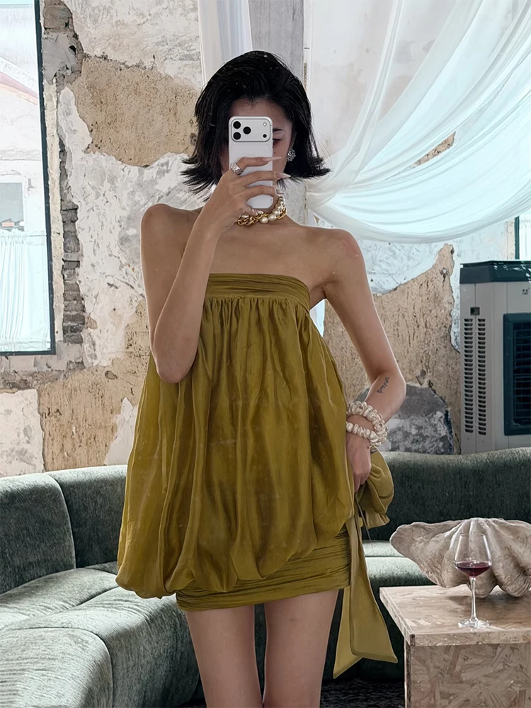 Retro Romantic Off-Shoulder Dress Women's High-End Feeling Knot Pleated Loose Slimming Bodycon Skirt French Style