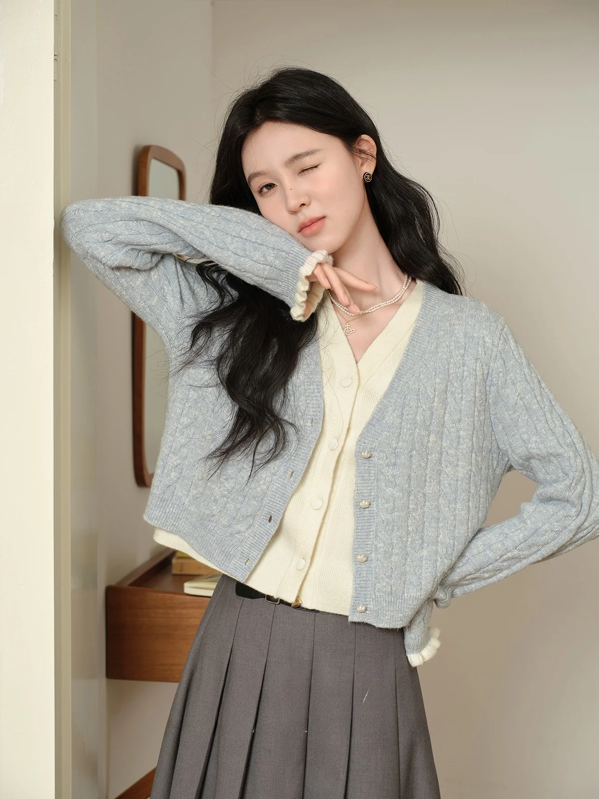 

Lantern Bell Lazy Sle V-Ne Sweater Coat Women's Outerwear Autumn Season Long Sve Loose Fit Sweet Sle Faion Trend