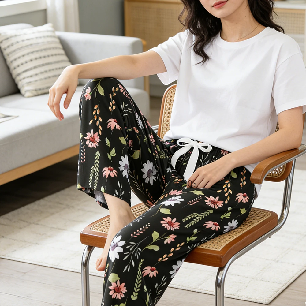 Women Pants New Summer Autumn Boho Style Sleepwear Wide Leg Pants High Waist Casual Female Calf-Length Clothes Loose Trousers