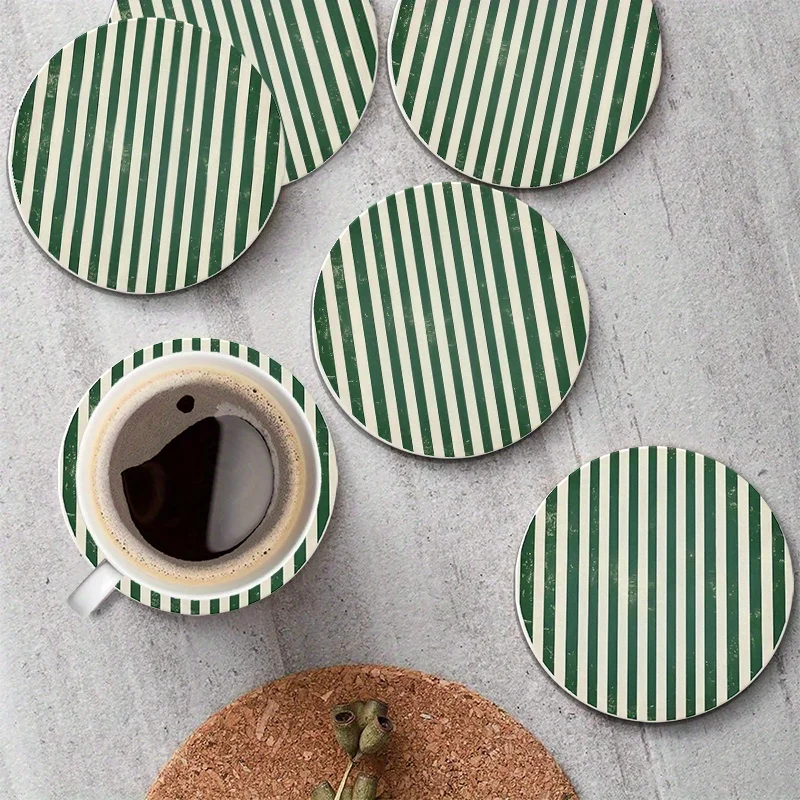 White Green Striped Round 2D Wooden Coasters Heat Resistant Drink Mats Coffee Table Protector Kitchen Decor Practical Gifts