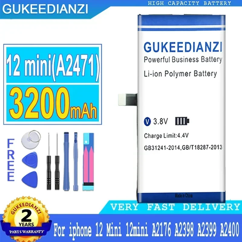 GUKEEDIANZI 12 Mini (A2471) Replacement Battery 3200mAh For Apple IPhone 12 Mini 12mini A2176 A2398 A2399 A2400 + Tools