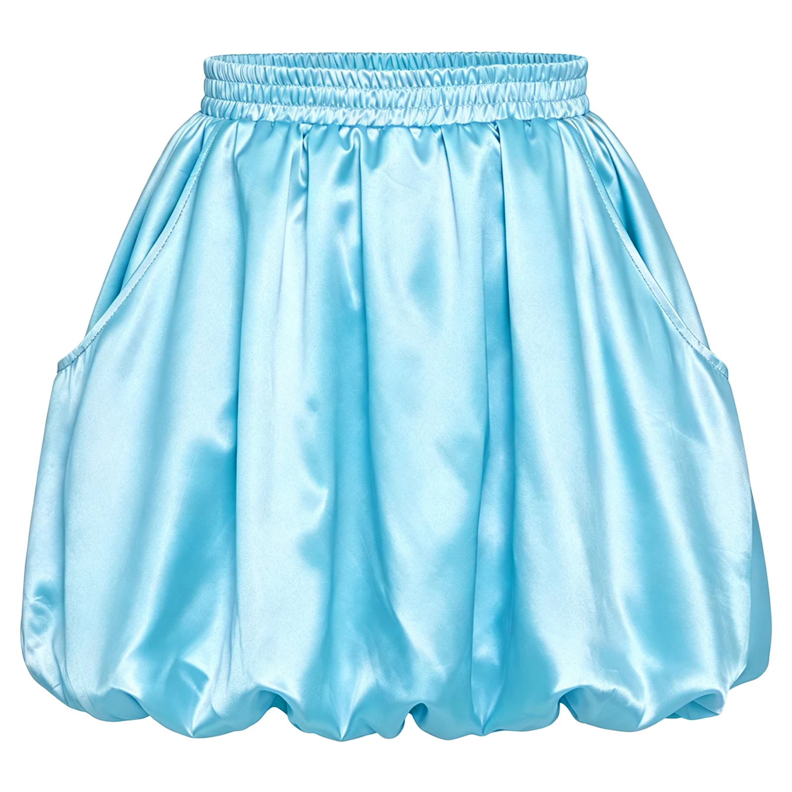Women Satin Casual Bubble Skirt Club Rave Party Music Festival Date Shopping Costume Elastic Waistband Miniskirt with Pockets