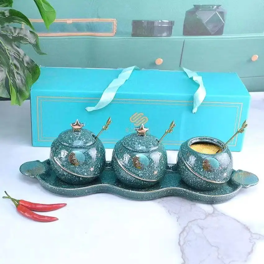 

Golden Marble Glass Ceramic Storage Flask Spice Jar with Lid Box Seasoning Domestic Bowl Sugar Bamboo Wood Tray Kitchen Utensils