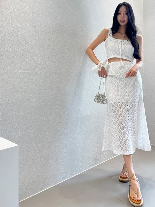 

Women's Summer Outfit Lace Trim ter Vest And Side Split Fi Tail Skirt Set Faionable Two-Piece Ensemble for Young ...