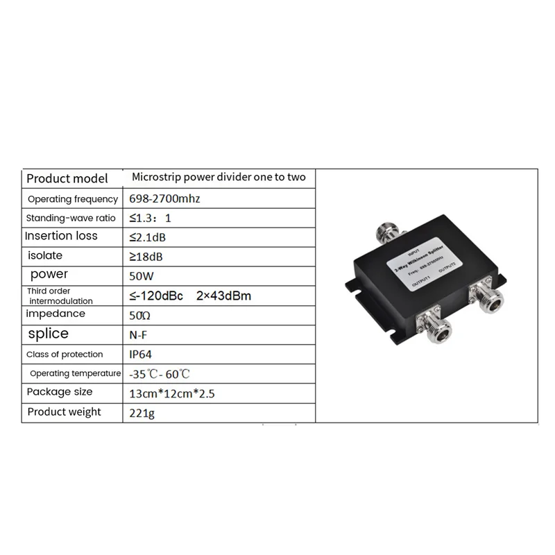 

Y22A 698-2700Mhz 2 Way Wilkinson Splitter Power Splitter Divider Gsm 4G Lte W-Cdma FDD Mobile Signal Repeater Antenna