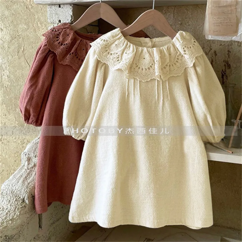 insGirls' Spring and Autumn New Dress Korean Style Fashionable Little Girl Lace Ruffle CollarAPrincess Dress