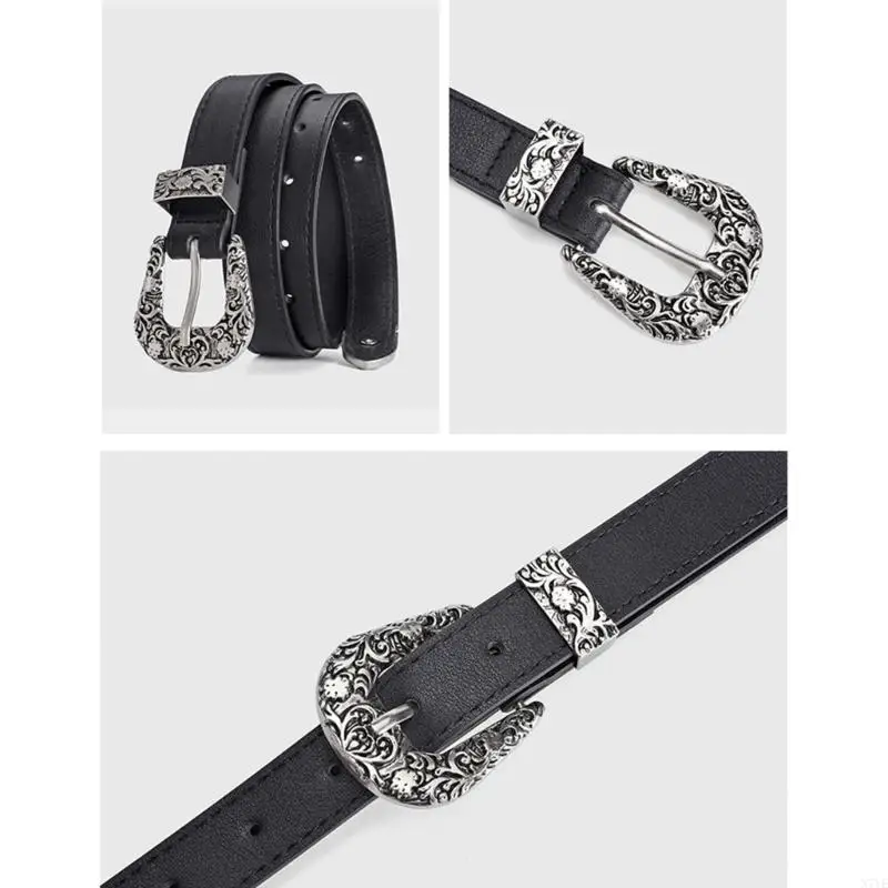 

N7YE Vintage Carved Floral Buckle Belt PU Thin Belt Adult Adjustable Waist Straps