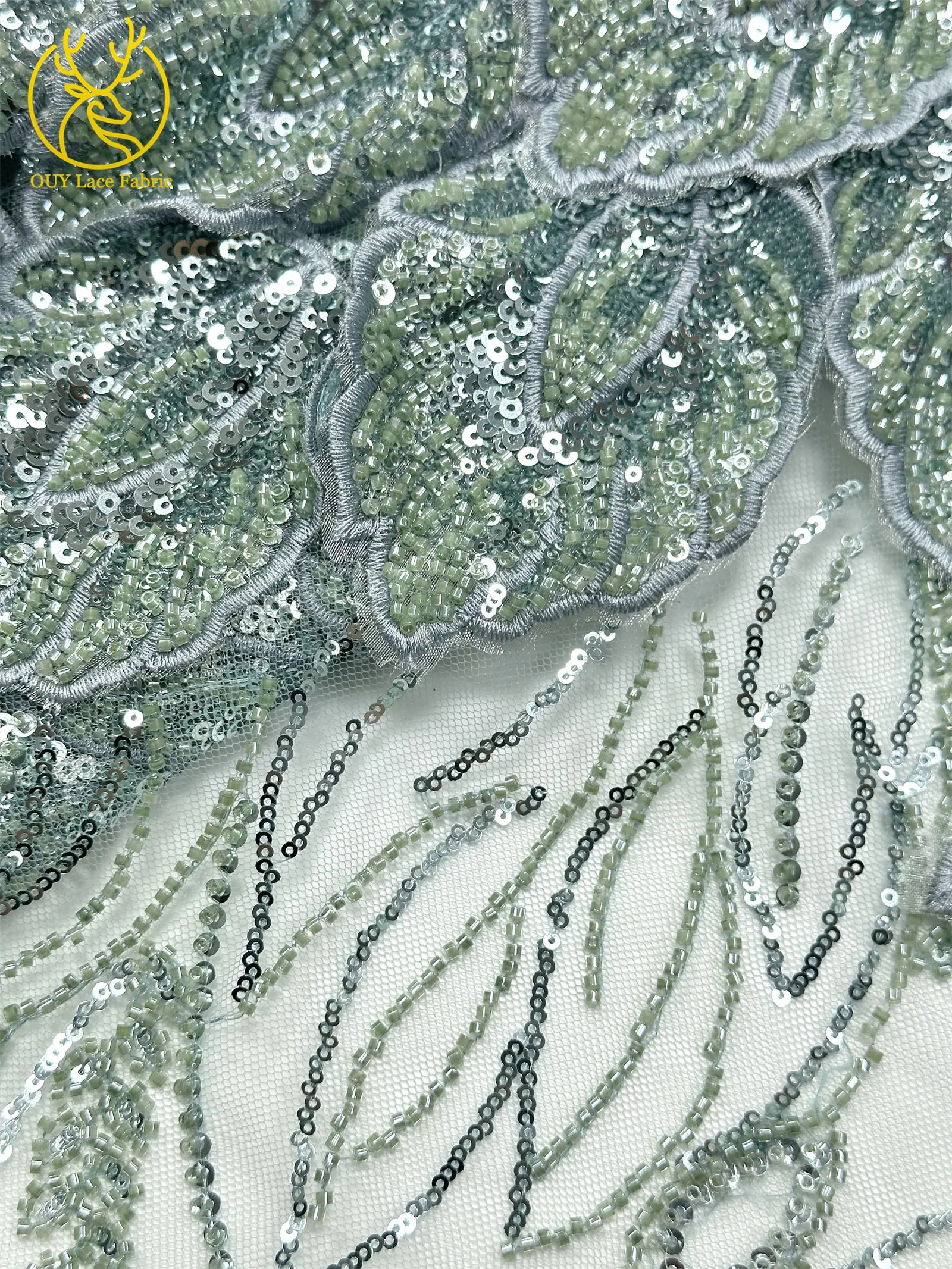 Nigerianischer 3D-Stickerei-Blatt-Spitzenstoff 5 Yards Afrikanische DIY-Stickerei Perlen-Pailletten-Spitze Tüll-Netzspitze Damen-Abendkleid – Detail 26