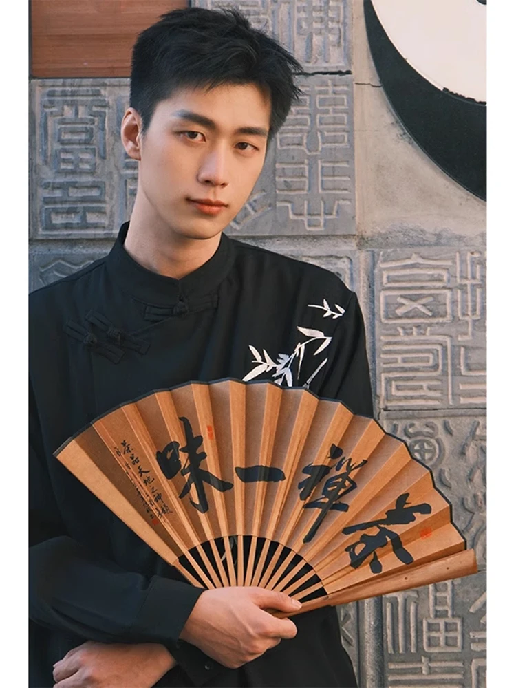 

New Chinese Style Men's Shirt Cool Sensation Zen Style Slanted Lapel Modified Ancient Hanfu Standard Fit Long Sleeve Spring S...