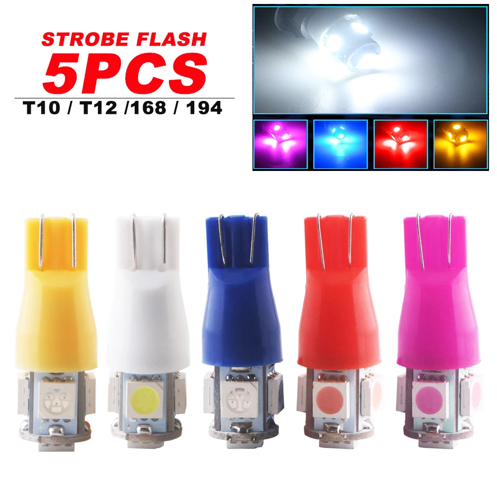 

5PCS Strobe Flash 12V 24V W5W 194 T10 5050 LED Warning Bulb Auto Car Truck Door Signal Clearance Emergency Light Blue White Red