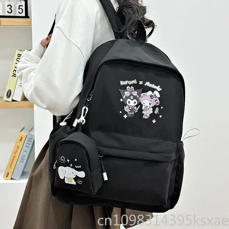 Nylon School Backpack for Student Cute Kuromi Kids Bookbag with Coin Purse Pendant Lightweight Student College Rucksack