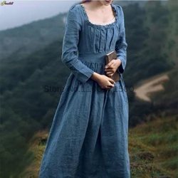 Women Medieval Victorian Retro Dress Square Collar Long Sleeves High Waist French Apparel Brown Blue Temperament Long Dress