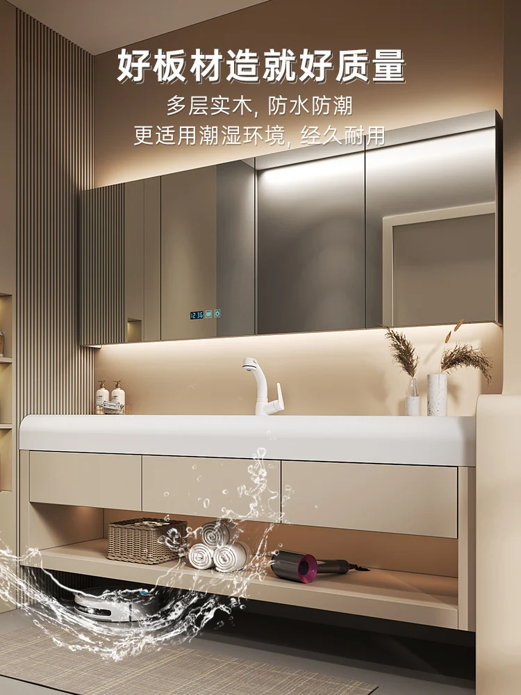 Modern simple stone bathroom cabinet cream wind up and down multi-layer storage toilet face wash basin cabinet combination