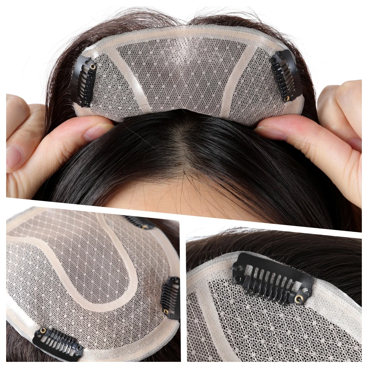 Toppers de cabello humano Remy para mujer, Clips de Base de encaje MONO, postizos de extensiones de cabello humano Marrón Natural, 14 pulgadas