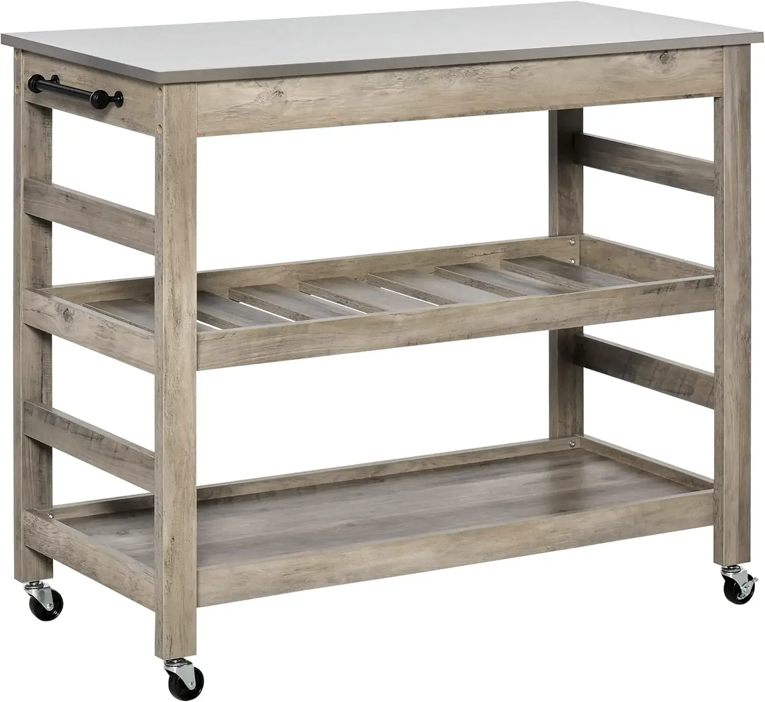 Rolling Kitchen Cart with Stainless Steel Countertop, Kitchen Butcher Block Cart with 1 Bottom Shelf, 1 Slotted Middle Shelf