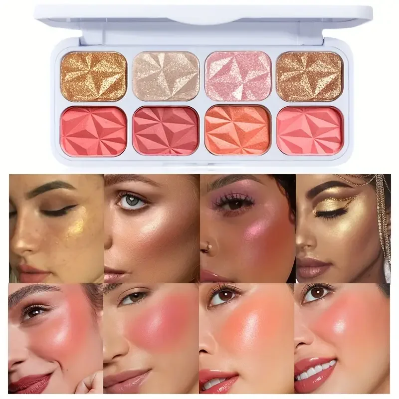8色ブラッシュパレット、マット、ピンクブラッシュ、明るく長持ちするグリッターアイメイクアップ用のシマーシェード、ウォータープルーフ、カラフル