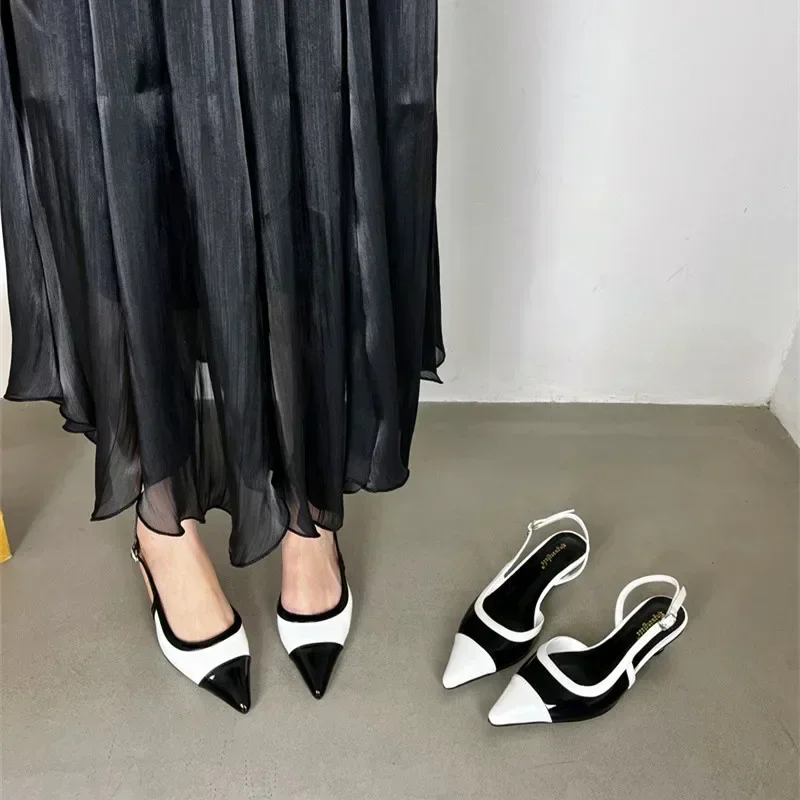 Designer Black White Mixed Color Low Heeled Sandals Women Sexy Pointed Toe Slingbacks Chunky High Heels for Women Elegant Heels
