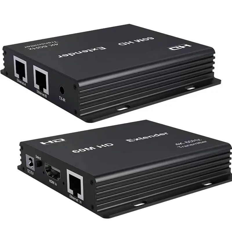 4K 60hz 60M محول منفذ إيثرنت مزدوج عبر كابل Rj45 Cat6 1 إلى 2 HDMI متوافق مع جهاز ريسيفر استقبال وإرسال الفيديو اتصال متتالي
