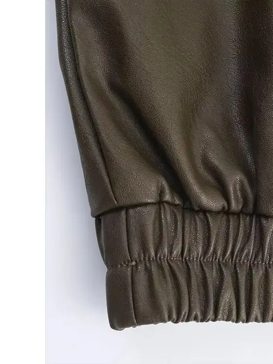 

HH Autumn Women Elegant Long Sleeves Collar Imitation Leather Bomber Jacket Zipper Pockets Decoration Street Style Casual Coat