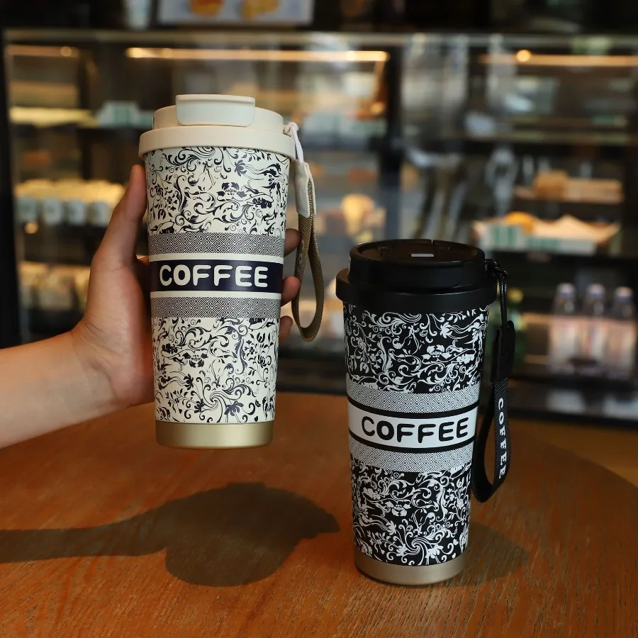 

Stylish Floral Double-Drink Straw Cup Fashionable Lily of the Valley Handheld Coffee Mug Stainless Steel Insulated Cups