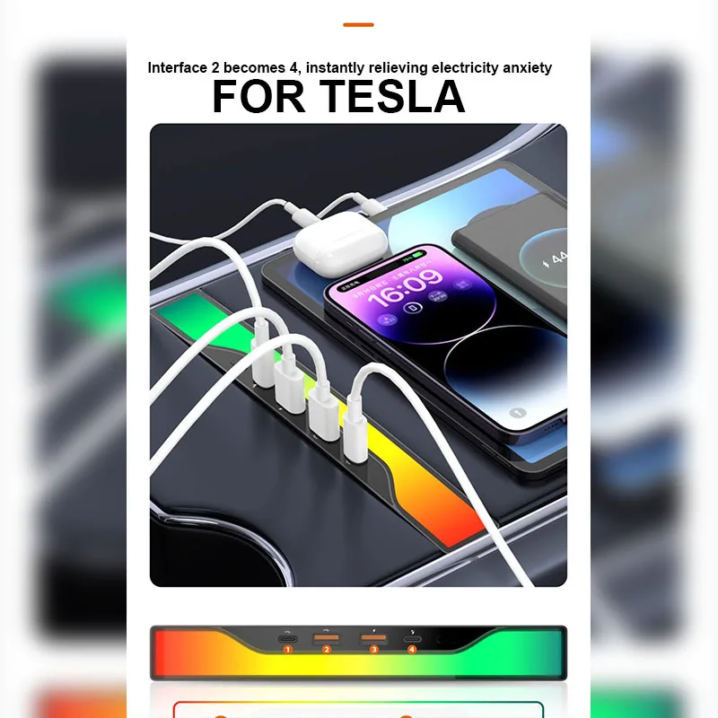 For Tesla Model 3/Y 4in1 USB LED Hub Flowing Ambient Light Universal Pickup Docking Station Fast Charging Power Supply Splitter