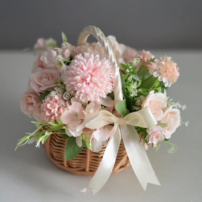 2X Woven Flower Basket Rattan Storage Basket Flower Girl Hand Basket Handmade Flower Basket With Bow, S