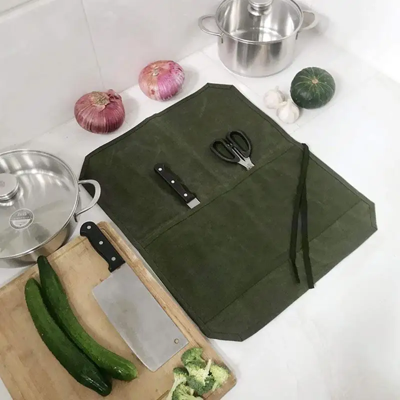 Roll Up Knives Bag Waxed Canvas Cutlery Knives Holders Protectors 7 Slots Durable Canvas Chef Knives Roll Bag Canvas Knifes ﻿