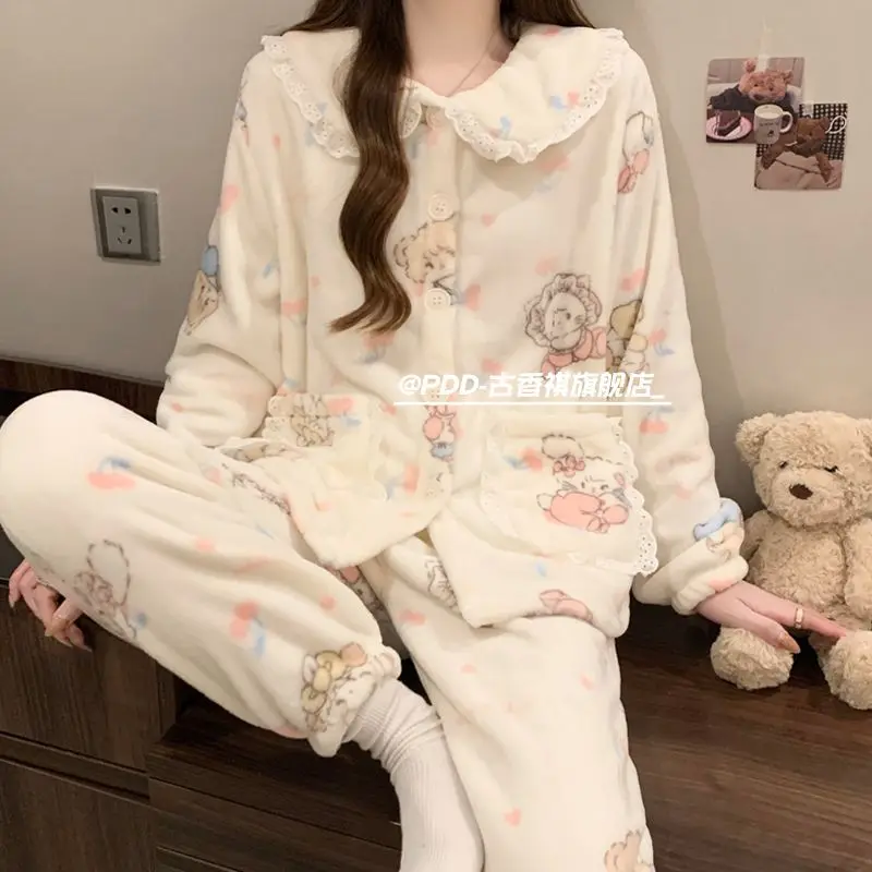 

Cute Mikko Autumn/Winter Pajamas for Women Warm Home Clothes Set Long Sleeve & PantsCozy Lounge Wear for Nightwear Outfit Gifts