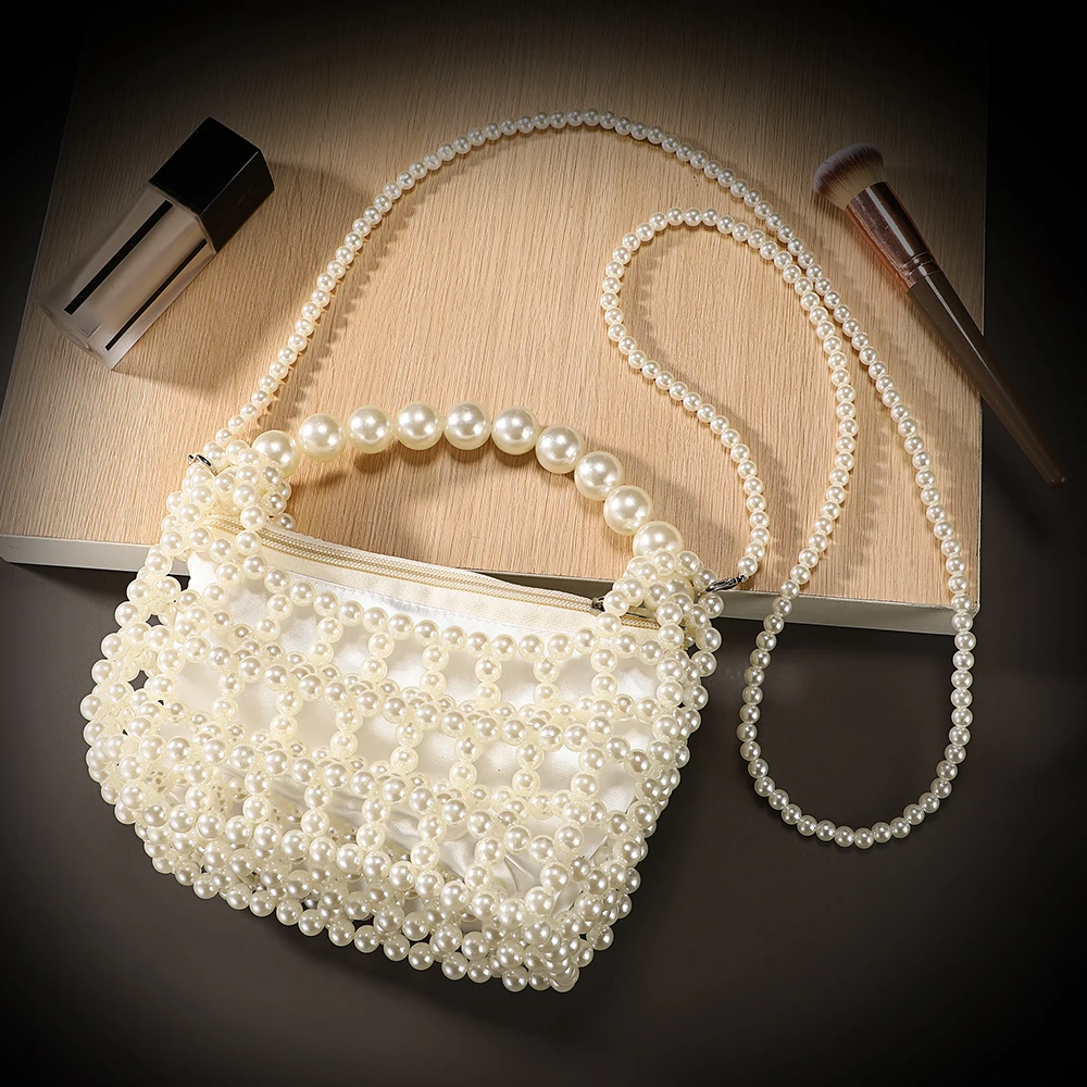 Immagine 5: Nuova borsa da sera per matrimoni e feste con perle intrecciate, delicata borsa per il trucco con catena di perle staccabile e tracolla a spalla.