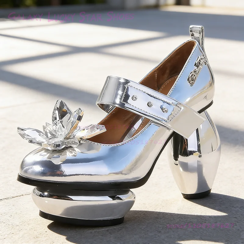 

Silver Crystal Flower Sandals Metallic Sheen Platform Black Leather Buckle Adjustable White Pumps Gold Bling Shimmer Spring Shoe