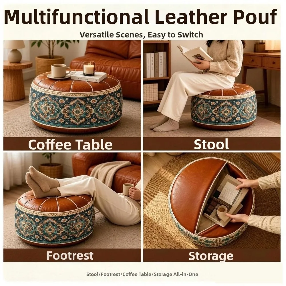 New PU Leather Fillable Ottoman Pouf Embroidered Pattern Moroccan Style Storage Ottoman Round Shape Round Pouf Cover Home Use