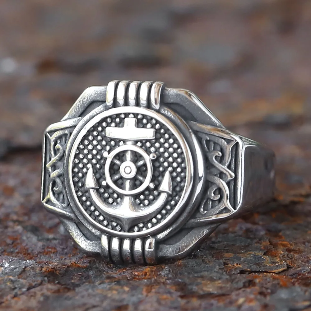 New 316L Stainless Steel Vintage rudder biker Ring With anchor Patterns For Men Women Punk Motorcycle Jewelry Party GIFT