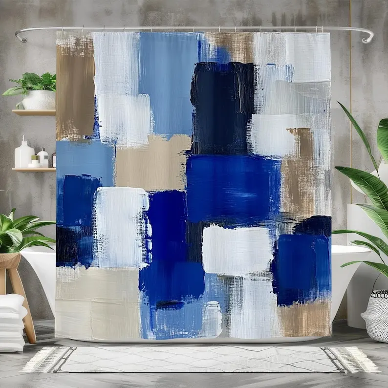 

Abstract Blue Beige Shower Curtain, Modern Geometric Bathroom Decor, Large Waterproof Fabric Shower Curtain, Artistic Home Decor