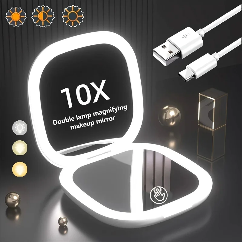 Portable Makeup Mirror with LED Lights, Foldable Beauty Mirror, Living Room Touch-up Mirror, Charging Version, 10X Small Mirror