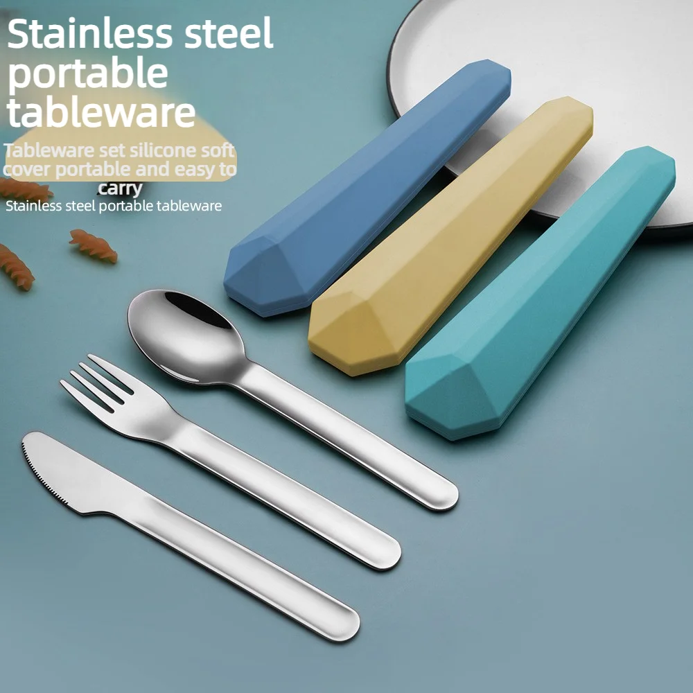 Stainless Steel Portable Cutlery Set with Food-Grade Silicone Sleeve, Student Outdoor Travel Western Flatware - Knife Fork Spoon